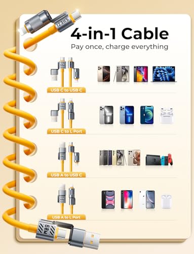 4 in 1 Coiled USB C Cable, 60W USBC to Lightning Cable Combo for Car, 5FT - color: Yellow, size: 60W, style: Coiled Cable