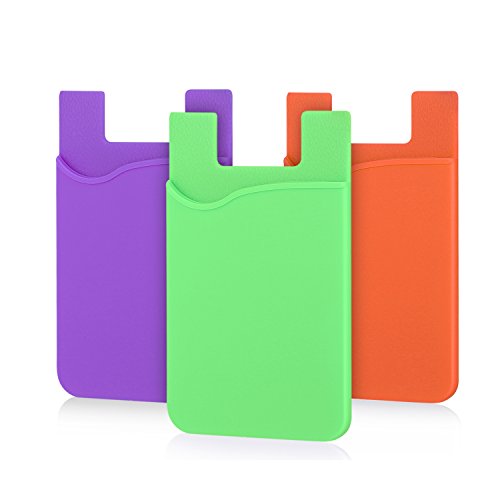 Card Holder for Phone Case, 3Pack Silcone Stick On Credit Card Phone Wallet | Sticky Sleeve Pocket Stick on Business ID Credit Card Cell Phone Wallet for iPhone,iPad,Galaxy,Android - color: Purple,Green,Orange