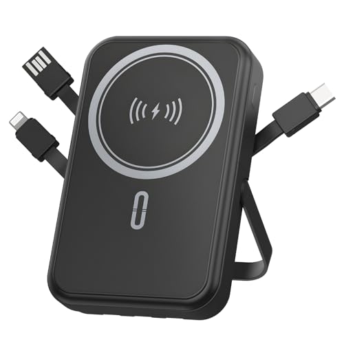 Power Bank 10000mAh Compatible with MagSafe, Magnetic Portable Charger with Digital Display, 15W Wireless Fast Charging, Built-in 3 Cables Compatible with iPhone 17/16/15/14/13/12 Series (Black) - color: Black