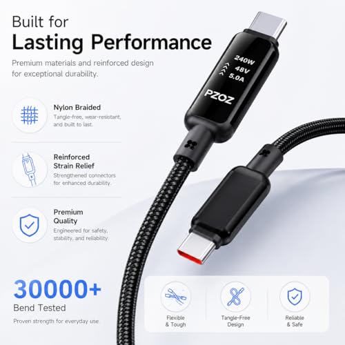 pzoz USB-C to USB-C Cable, 240W PD 3.1 Fast Charging with LED Display