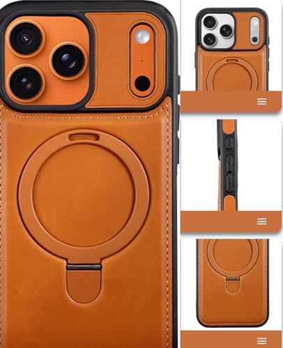 for iPhone 17 Pro Max Leather Case with Magnetic Ring Holder,[Compatible with Wireless Charging] Luxury Slim Shockproof Non-Slip Protective Kickstand Cover for iPhone 17 Pro Max (Brown) - color: Brown