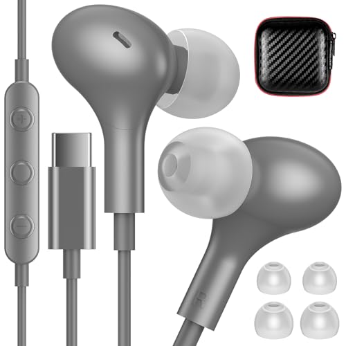 USB C Headphones for Apple/iPhone Duo 18 17 16 15 Wired Earbuds with Case - color: Grey