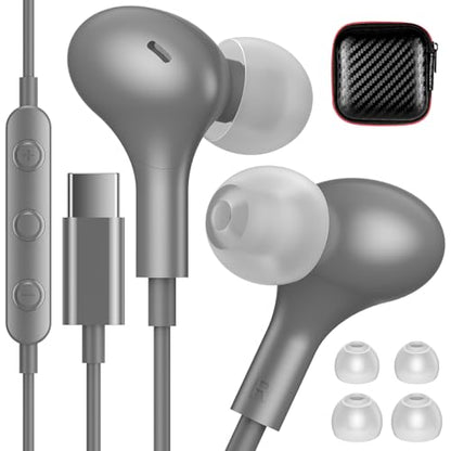USB C Headphones for Apple/iPhone Duo 18 17 16 15 Wired Earbuds with Case - color: Grey