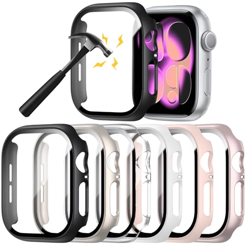 Rontion 6 Pack Case with Screen Protector for 42mm Apple Watch Series 11/10 | Ultra-Thin Scratch Resistant Tempered Glass Cover Full Protective Hard PC Bumper Compatible with iWatch Series 11 10 42mm - color: Black+Starlight+Clear+White+Pink+Rose Gold, si