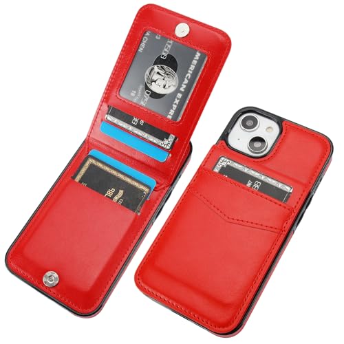 KIHUWEY for iPhone 14 Wallet Case Card Holder Kickstand, Red - color: Red