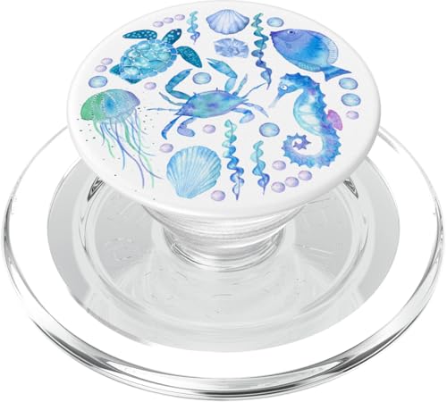 Cute Sea Ocean Life Turtle Crab Seahorse Fish Watercolor PopSockets PopGrip for MagSafe - style: Magnetic PopGrip