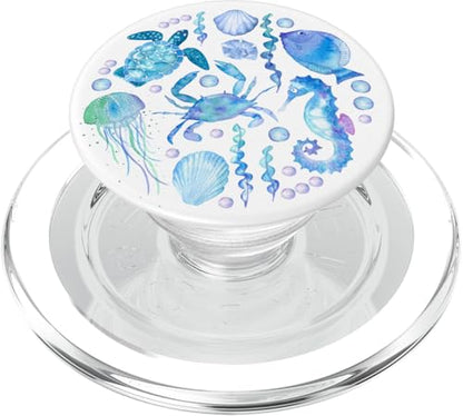 Cute Sea Ocean Life Turtle Crab Seahorse Fish Watercolor PopSockets PopGrip for MagSafe - style: Magnetic PopGrip