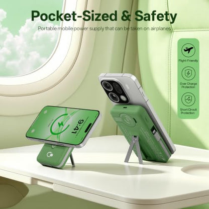 Q Magnetic Wireless Portable Charger 10,000mAh, Travel Essentials Power Bank with Built-in Cables & Foldable Stand, External Battery Pack Compatible with iPhone 17/16/15/14/13/12, Apple Watch - color: Green