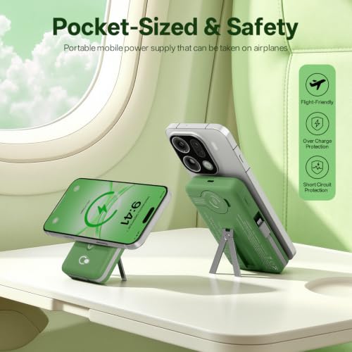 Q Magnetic Wireless Portable Charger 10,000mAh, Travel Essentials Power Bank with Built-in Cables & Foldable Stand, External Battery Pack Compatible with iPhone 17/16/15/14/13/12, Apple Watch - color: Green