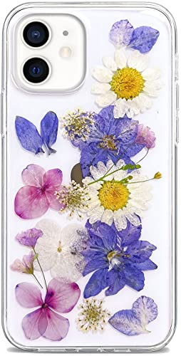 Abbery for iPhone 12/12 Pro Case Cute&Clear with Violet Floral Design,Soft Silicone TPU,Dried Pressed Real Flowers Daisy Aesthetic Protective Women Girls Purple Blue Phone Cover - color: Daisy Purple, size: for iPhone 12/12 Pro