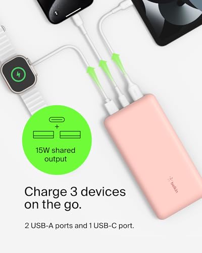 Belkin 20000mAh 15W 3 Port Power Bank, USB A to USB C Cable Included - color: Rose Gold