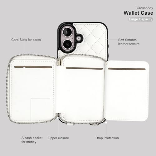 Bocasal Crossbody Wallet Case Card Holder for iPhone 16, White | RFID Blocking PU Leather Zipper Handbag Purse, Kickstand Flip Folio Case with Card Slots Holder Wrist Strap Lanyard 6.1 Inch - color: White