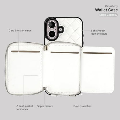 Bocasal Crossbody Wallet Case Card Holder for iPhone 16, White | RFID Blocking PU Leather Zipper Handbag Purse, Kickstand Flip Folio Case with Card Slots Holder Wrist Strap Lanyard 6.1 Inch - color: White
