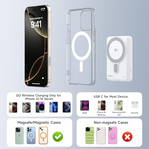 MagSafe Portable Charger 10000mAh PD 20W Fast Charging Magnetic Power Bank - color: White