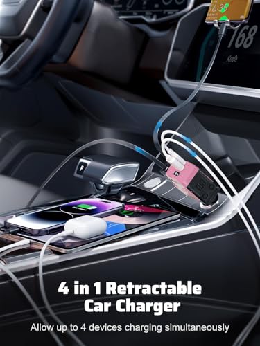 Retractable Car Charger with Retractable Cable (31.5 inch), 4 in 1 Super Fast Car Phone Charger, 2 USB Ports Adapter, Compatible with iPhone 15 14 13 12 11 Pro Max, iPad, Pixel - color: Pink