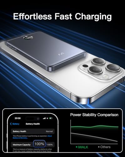 iWALK Magnetic Portable Charger, 5,000mAh Ultra-Slim Wireless Power Bank, 0.37in Thin, Weighs 4oz, LED Display, Compatible with iPhone 18/17/16/15/14/13 Series, Gray - color: Gray, size: 5000mAh