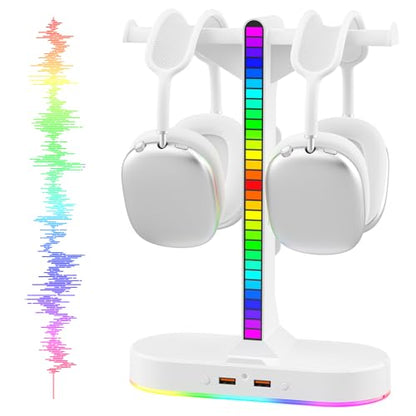 Dual Headphones Stand with Charger for Men, Headset Holder Stand for Desk - color: White