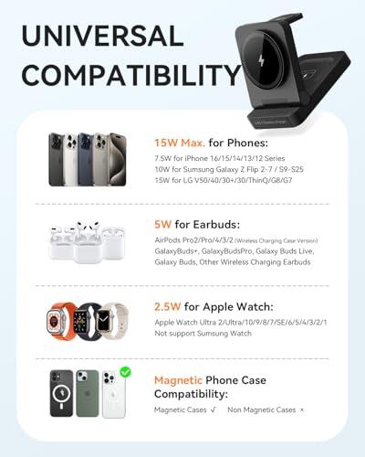 3-in-1 Foldable & Retractable Magnetic Wireless Charger, 15W Fast Charging Station, Portable Fast Charging Stand, Charging for iPhone 17/16/15/14/13/12, Apple Watch, AirPods (Black) - color: Black