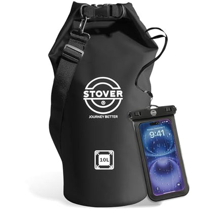 STOVER 5/10/25/30/40L Waterproof Dry Bag, Medium Lightweight Roll Top Dry Bag Backpack w/Waterproof Phone Case, Kayaking, Travel, Hiking, Fishing, Tubing, Camping, the Beach, Men/Women (Black) - color: 5/10l Black, size: 10L