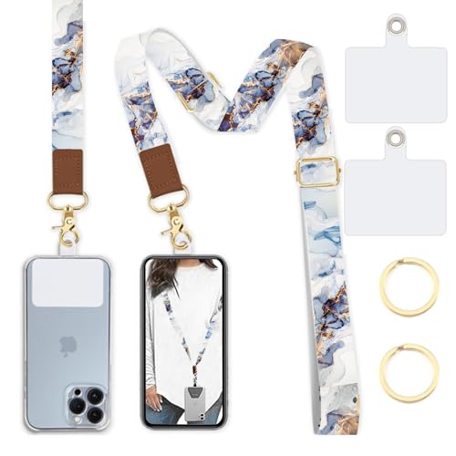 Phone Lanyard Wrist Strap Crossbody Adjustable, Cell Phone Lanyard for Around The Neck Shoulder Wristlet Strap - color: Blue Grey Marble