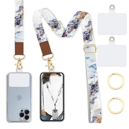 Phone Lanyard Wrist Strap Crossbody Adjustable, Cell Phone Lanyard for Around The Neck Shoulder Wristlet Strap - color: Blue Grey Marble