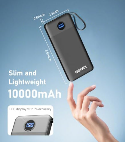 Portable Charger Built in 4 Cables, 10000mAh Power Bank, Black - color: Black