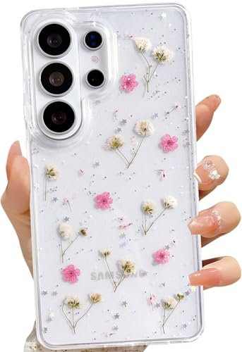 LSEEKA for Samsung Galaxy S26 Ultra Clear Case with Pressed Real Dried Pink Flower Design,Transparent Glitter Cute Floral Slim Soft TPU Protective Phone Cover for Samsung Galaxy S26 Ultra - color: Pink, size: for Samsung Galaxy S26 Ultra