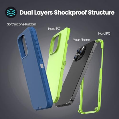Sansunto for iPhone 15 Pro Max Case with Full Body Protection, Heavy Duty Shockproof Military Grade 3 in 1 Silicone Rubber with Hard PC Rugged Durable Phone Cover for Men & Boys - color: Teal/Lime