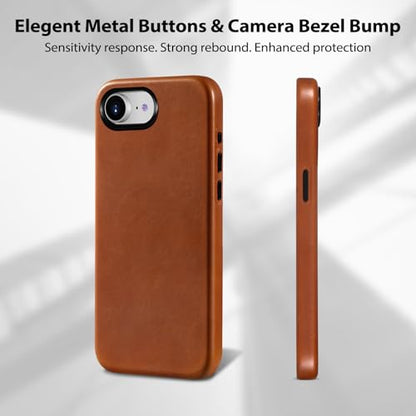 Belemay Handcrafted Full-Grain Vegetable-Tanned Leather Case for iPhone 17e / iPhone 16e, Compatible with MagSafe, Two-Tone Effect, Natural Patina, Metal Buttons Luxury Cover (6.1"), Saddle Brown - color: Saddle Brown