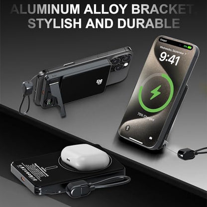 LUCKYDUO 3 in 1 Magnetic Wireless Power Bank, Slim Magnetic Portable Charger with Foldable Stand & LED Display, PD 20W USB C Cable Magnetic Battery Pack for iPhone 17/Air/Pro/16/15/14/13 (10000mAh)