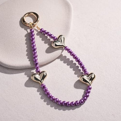 Phone Wrist Strap Pearl Beaded Chain Wristlet Gold Heart Charms - color: Rose Purple