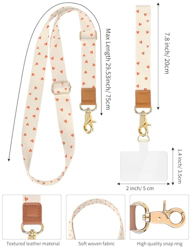 Phone Lanyard Crossbody Strap, Adjustable Neck Strap and Wristlet Strap for Phone Wallet ID Badge with 2 Phone Tabs - color: Orange Love Hearts