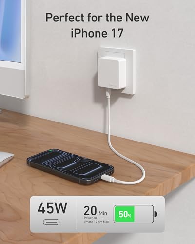 Nekmit Flat USB C Wall Charger, 45W Dual Port PPS Fast USB Charger Block(1*USB-C & 1*USB-A), Slim USB C Wall Plug for iPhone 17/16 and More Series, MacBook Air, iPad - color: White
