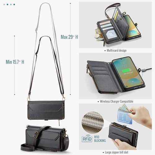 for Samsung Galaxy S24 FE Wallet Case with Card Holder, Black | RFID Blocking Slots, Crossbody Lanyard, Wrist Strap, Zipper Pocket Purse Handbag, Magnetic Closure - color: Black, size: Galxay S24 FE