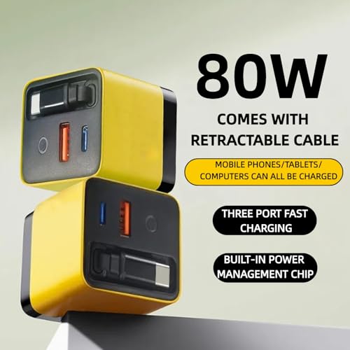 3 in 1 GaN Charger,80w Fast Charger Adapter with Type-C Cable & 2 USB Ports,Multi-Functional Retractable All in one Charger for Phone,Tablets,laptops (Yellow)