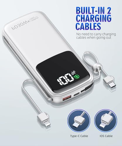 Portable Charger Power Bank, 15000mAh Portable Charger Fast Charging Lightweight, Built-in AC Wall Plug and 2 Output Cables with LED Display for iPhone Samsung iPad etc