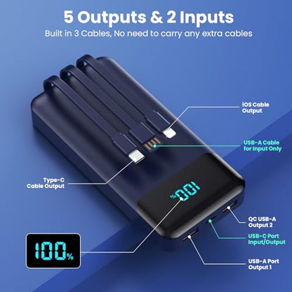 Portable Charger 40800mAh Power Bank,Built-in Cables,25W Fast Charging - color: Blue