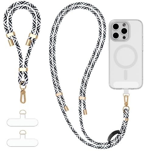 4-IN-1 Phone Lanyard Crossbody & Wrist Strap Kit with 2 Pack Tabs - color: Black White