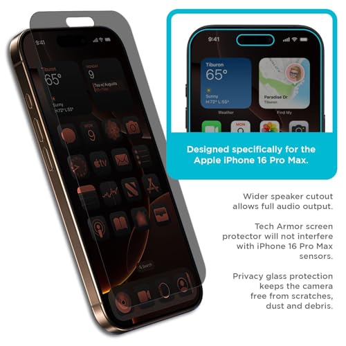 Tech Armor Privacy Glass for iPhone 16 Pro Max Screen Protector 1-Pack - size: iPhone 16 Pro Max-6.9 Inch