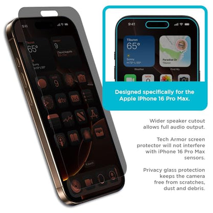 Tech Armor Privacy Glass for iPhone 16 Pro Max Screen Protector 1-Pack - size: iPhone 16 Pro Max-6.9 Inch