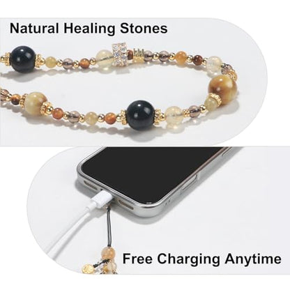 TEAMOLA Natural Stone Phone Charm - Crystal Phone Beaded Wrist Strap - color: Yellow & Black & Gold