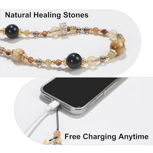 TEAMOLA Natural Stone Phone Charm - Crystal Phone Beaded Wrist Strap - color: Yellow & Black & Gold