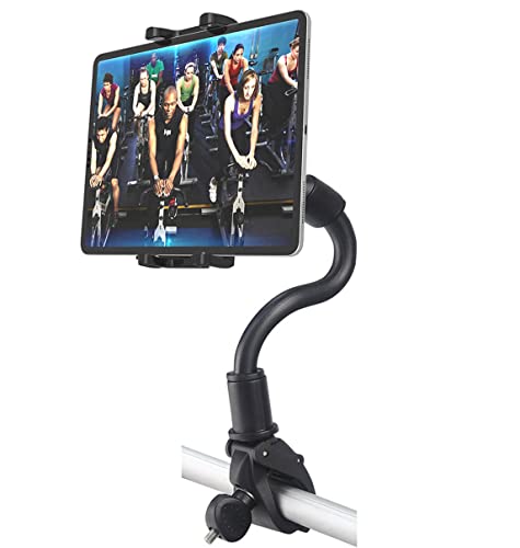 Tablet Holder Spin Bike Mount for 4-13" iPad Phone, 360° Gooseneck Stand for Treadmill Stationary Exercise Bicycle, Indoor Cycling Clamp for iPad Pro Air Mini, Galaxy Z Fold, Fire HD, iPhone