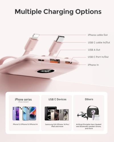 Mini Portable Charger with Built-in Cables 22.5W Fast Charging Power Bank USB-C Small Battery Pack 10000mAh Travel Essential Slim Battery for iPhone 17/16/15/14, Samsung 25/24, and More - color: Pink