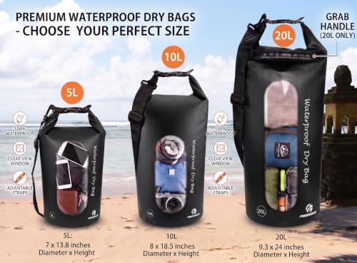 Freegrace Waterproof Dry Bag with Double Zip-Lock, Phone Case & Waist Pouch | 10L Black, Clear Window, Submersible 500D Drysack, Adjustable Crossbody Strap, Gear For Kayaking, Boating, Surfing, Swimming - color: Black, size: 10L, style: Window