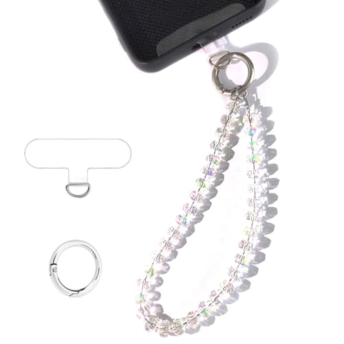 Acofect Crystal Beaded Phone Wrist Strap Charm Chain Wristlet Cellphone Lanyard Bracelet Keychain with Tether Tab Hands-Free - color: Flat Ab White