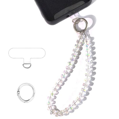 Acofect Crystal Beaded Phone Wrist Strap Charm Chain Wristlet Cellphone Lanyard Bracelet Keychain with Tether Tab Hands-Free - color: Flat Ab White