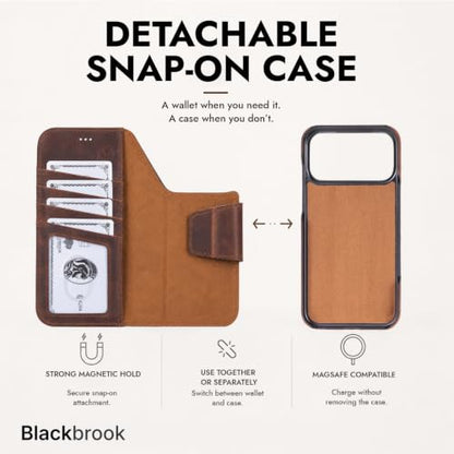 BlackBrook Detachable Leather Wallet Case Compatible with iPhone 17 Pro | Full-grain detachable folio with RFID blocking, 3 card slots, ID window, built-in kickstand, wireless charging, handcrafted. - color: Distressed Coffee, size: iPhone 17 Pro