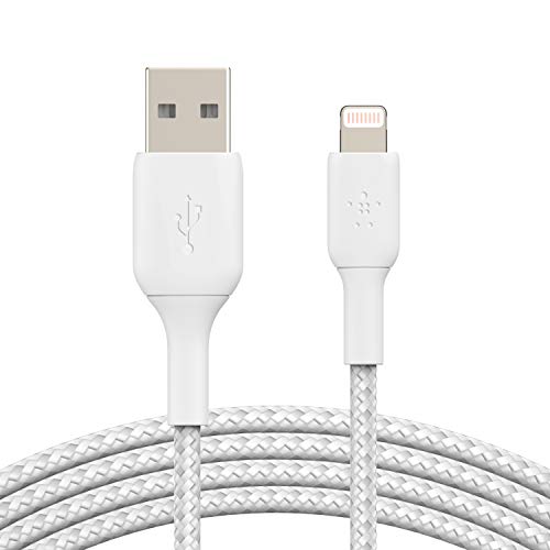 Belkin BoostCharge Braided Lightning Cable - 6.6ft/2M - MFi Certified Apple iPhone Charger USB to Lightning Cable 6ft - iPhone Cable - iPhone Charger Cable - Apple Charger - USB Phone Charger - White - color: White, style: 6.6 ft
