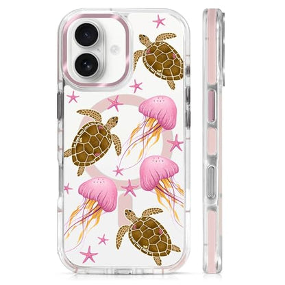 VisEnt Clear Case for iPhone 17, Magnetic Phone Case, Transparent Slim Cover, Military Grade Protection, Shockproof, Anti-Yellowing, Scratch Resistant, Pink Jellyfish Sea Turtle - color: Pink Jellyfish Sea Turtle, size: Iphone 17